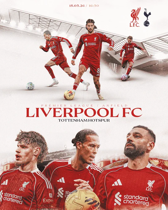 A matchday graphic for our fixture with Tottenham Hotspur. The graphic features action shots of Ekitike, Szoboszlai, Mac Allister, Kerkez, Van Dijk and Salah.

Fixture details:
Liverpool v Tottenham 
Premier League 
Anfield
15.03.26
16:30 kick-off

