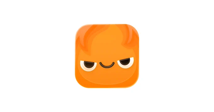 A round, orange character with a mischievous expression and stylized flames on top, set against a white background.