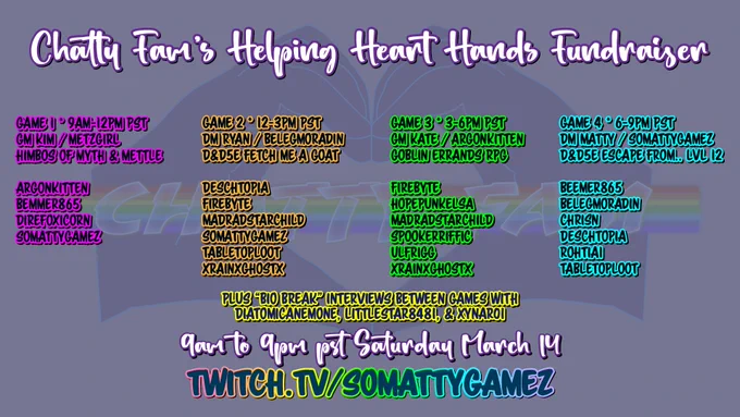 Here’s today’s lineup on twitch.tv/SoMattyGamez  (all times PDT) * 9 am- 12pm  Himbos of Myth & Mettle RPG * 12 - 3pm  Fetch Me a Goat! (D&D 5e) *  3 - 6pm  Goblin Errands RPG * 6 - 9pm  Where the hell are we, and who the F are you? 12th level Escape Room (D&D 5e)