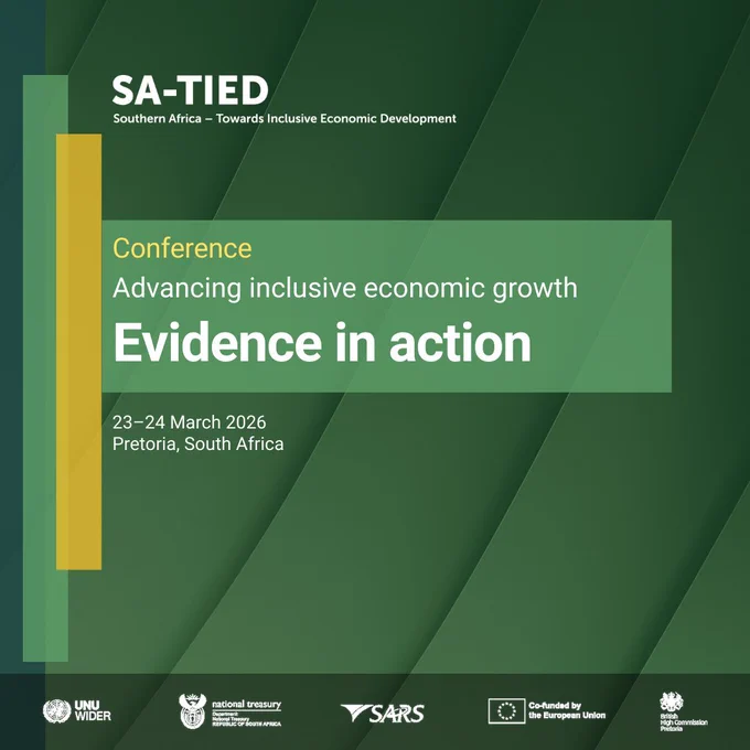 Poster for SA-TIED conference on advancing inclusive economic growth titled "Evidence in action," held March 23-24, 2026, in Pretoria, South Africa.