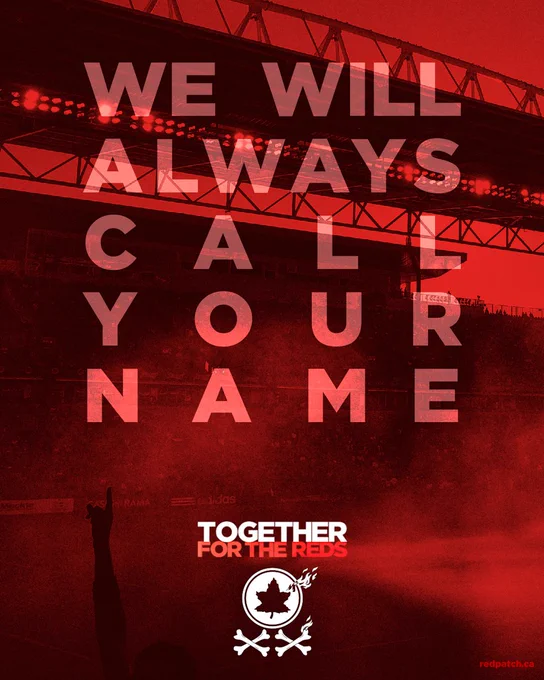 Strong red tinted black & white photo of corner of pitch at BMO Field with smoke and sunrays and a single arm silhouette stretched upwards pointing with one finger. Overlaid bold capitalized text: WE WILL ALWAYS CALL YOUR NAME. (then smaller in bright white and red highlights) TOGETHER FOR THE REDS. Red Patch Boys 20-year logo silhouette with flame accents and double XX crossbones at bottom. Bottom corner text: redpatch.ca 
