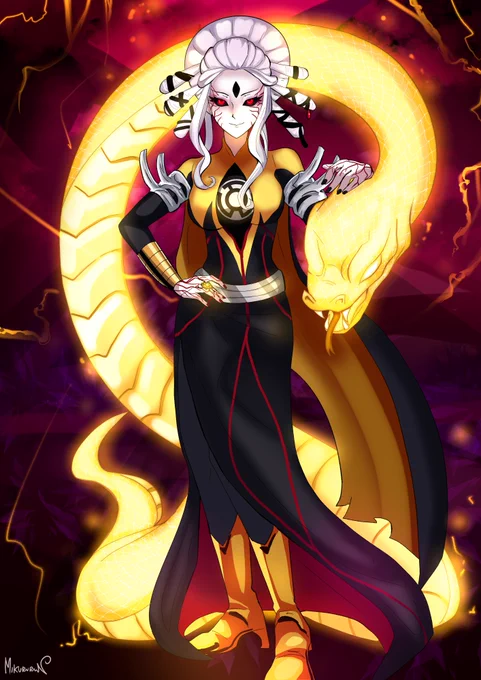 Salem, from RWBY, wearing the uniform and imagery of member of a Sinestro Corps from DC Comics mixed into her own. Standing by her side is a construct of a giant yellow snake.