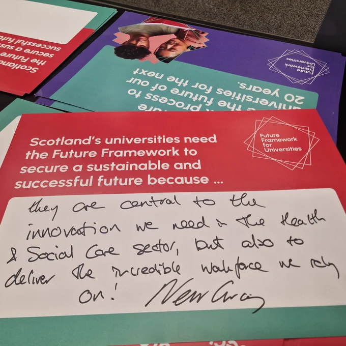 Neil's card reads: "they (universities) are central to the innovation we need in the health and social care sector, but also to deliver the incredible workforce we rely on."
