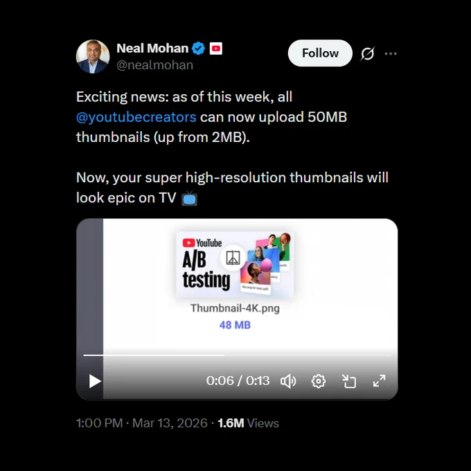 Exciting news: as of this week, all 
@youtubecreators
 can now upload 50MB thumbnails (up from 2MB).

Now, your super high-resolution thumbnails will look epic on TV 📺
