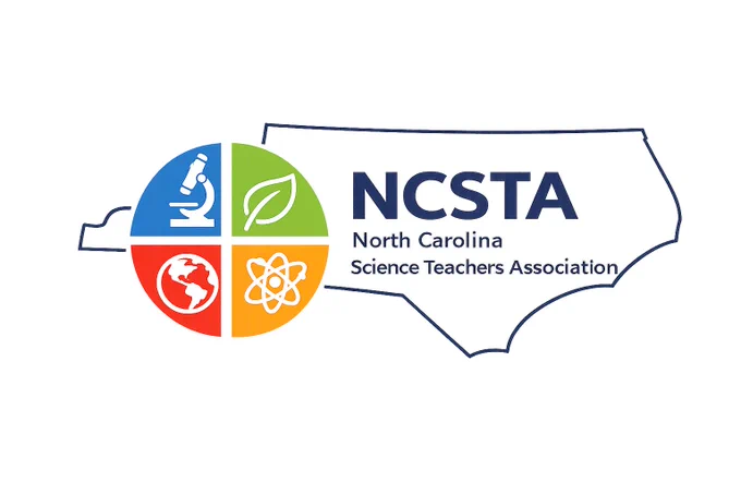 "Logo of the North Carolina Science Teachers Association (NCSTA) featuring the outline of the state of North Carolina with a four-section circle showing science icons: a microscope, a leaf, a globe, and an atom."