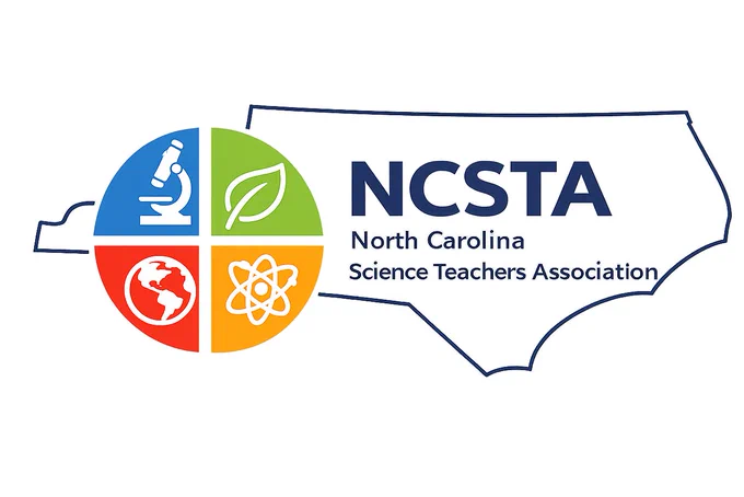 "Logo of the North Carolina Science Teachers Association (NCSTA) featuring the outline of the state of North Carolina with a four-section circle showing science icons: a microscope, a leaf, a globe, and an atom."