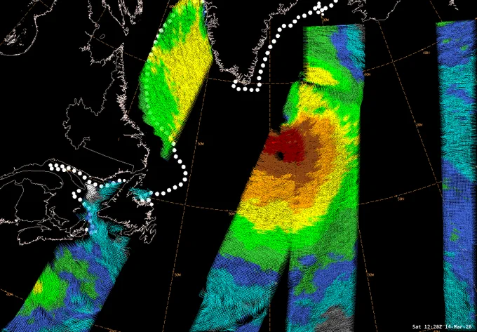 ASCAT winds showing coverage of gales (yellow), storm force (brown), and hurricane force (reds)