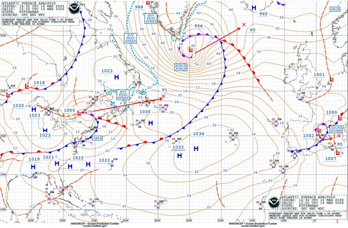The surface analysis from March 14, 12z, showing a 956 mb southeast of Greenland