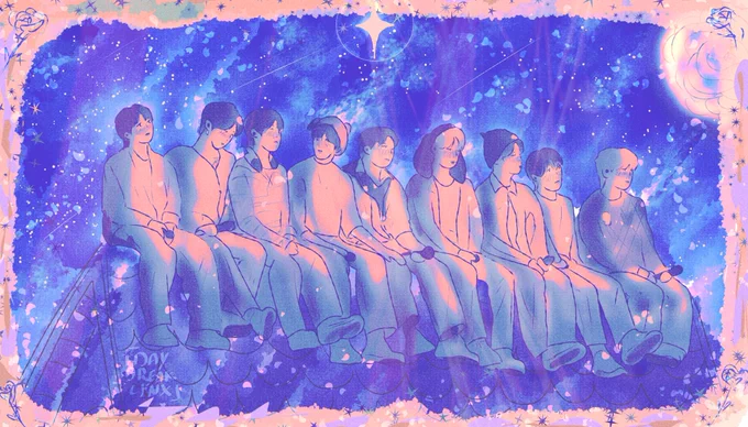 Digital drawing of Zerobaseone. All nine members are sitting on the rooftop, looking around or at the night sky and the rose shaped moon.