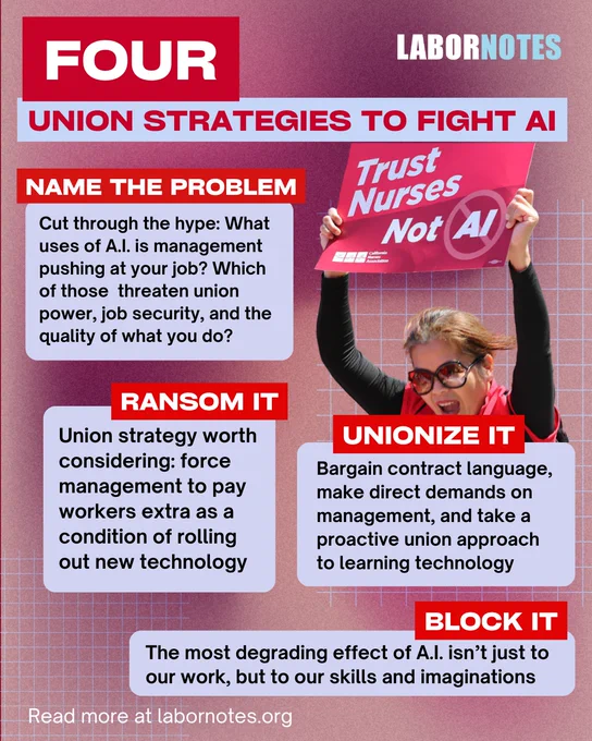 A graphic promoting the story, "Four Union Strategies to fight AI." The graphic highlights four strategies: "Name the Problem," "Ransom it," "Unionize It" and "Block it." The graphic, which has a shimmery purple, red and blue color scheme, also features a cut-out image of a nurse in sunglasses holding up a sign that says, "Trust nurses, not A.I." 

