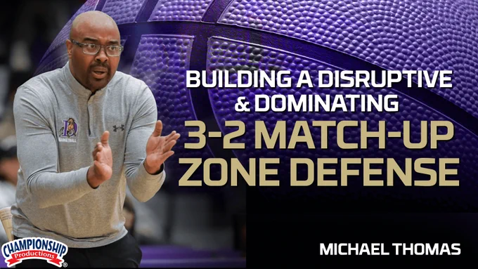 A complete system for installing a disruptive 3-2 match-up zone that frustrates opponents and controls games!

Install a disruptive 3-2 match-up zone that pressures the ball and protects the paint!
Use build-up drills to teach responsibilities, rotations, and communication!
Apply clear teaching points for defending cutters, ball screens, and common offensive alignments!
Reinforce accountability and execution through game film and diagrams!
Disguise zone defense with man principles to confuse opponents!

features Michael Thomas; Denton High School (TX) Head Coach;
Calvert HS (TX) Head Coach (2020-2022);
2022 Texas Six-Man Coach of the Year;
Laneville HS (TX) Head Coach (2015-2020);
2019 Brazos Valley Coach of the Year;
2015 Piney Woods All-Star Coach;
Cushing HS (TX) Head Coach (2014-2015);
5x District Champions;
5x District Coach of the Year