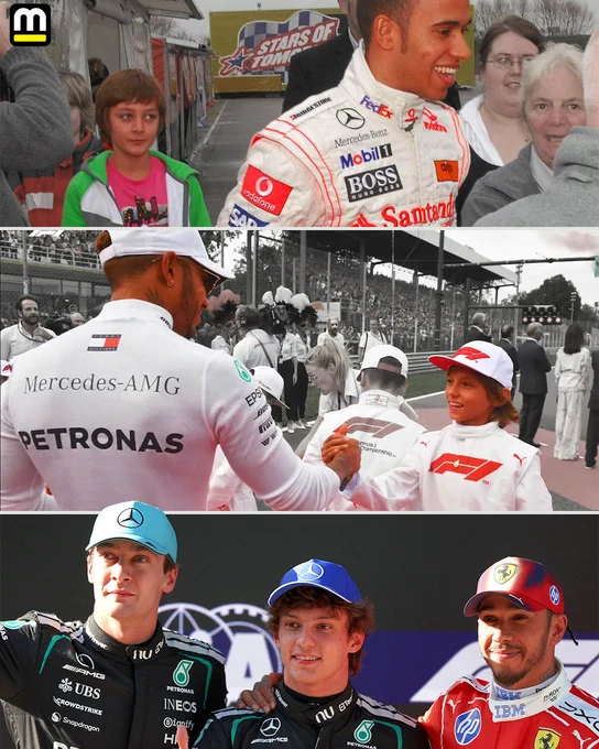 Kimi Antonelli and George Russell as kids meeting Lewis Hamilton, then flashed forward to Saturday's qualifying where the trio qualified 1-2-3 in China for the Formula 1 race.