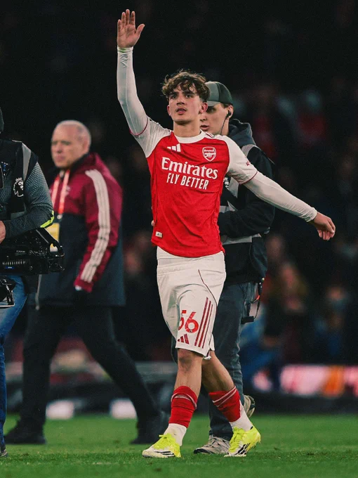 An image of Max Dowman celebrating after scoring his first Premier League goal for Arsenal.