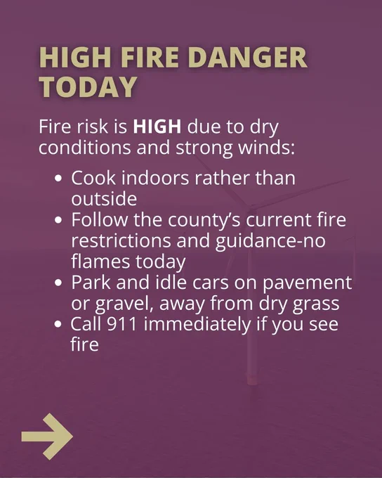 High fire danger today. Avoid flames, park on pavement, and call 911 if you see fire.