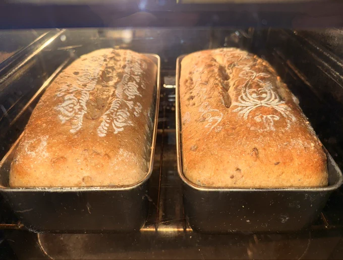 2 golden loaves after experiencing oven spring in the 1st 15 minutes, they have risen nicely and went golden brown