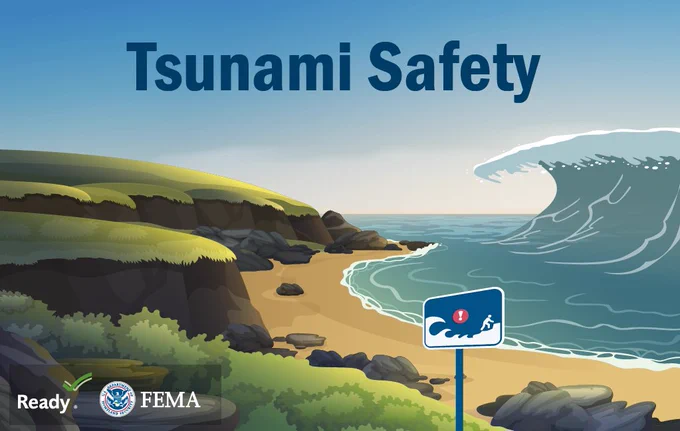 Illustration of a beach and cliffs with a large wave approaching and a tsunami hazard sign, labeled “Tsunami Safety.”