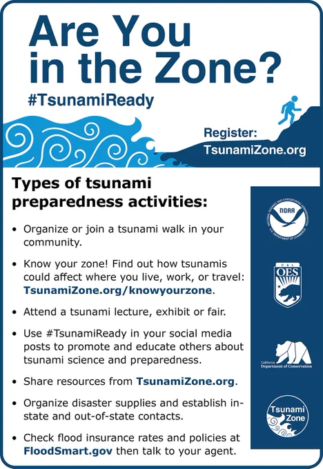 Infographic with the heading “Are You in the Zone?” showing a list of tsunami preparedness activities, including knowing your zone, attending events, sharing resources, and preparing emergency supplies.