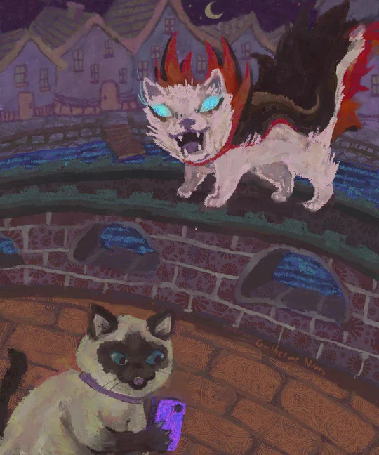 at night in a coastal town a cat crosses the bridge looking at his cell phone while another cat, a vampire with a black cape, prepares to attack