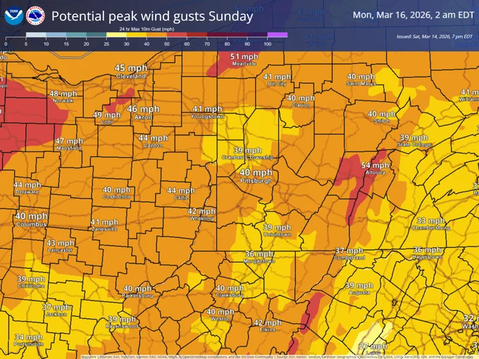 Graphic showing expected peak wind gusts on Sunday.