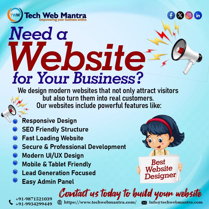Professional website design services by Tech Web Mantra for businesses that need a modern and high-performance website. The image promotes business website development with features such as responsive design, SEO friendly structure, fast loading website performance, secure and professional development, modern UI and UX design, mobile and tablet friendly layout, lead generation focused pages, and an easy admin panel for website management. These website development solutions help startups, companies, and entrepreneurs build a strong online presence, attract more customers, improve brand credibility, and grow their business through professional web design and development services.