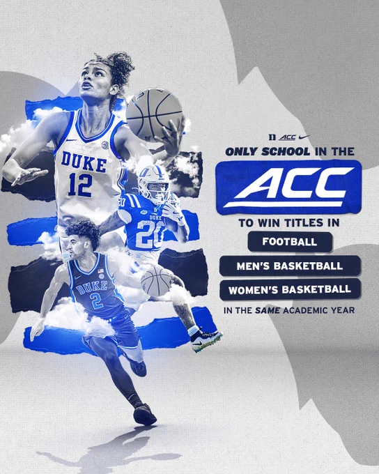 Graphic promoting Duke men’s basketball, Duke women’s basketball and Duke football winning ACC titles in the same academic year. Featuring photos of Delaney Thomas, Nate Sheppard and Cayden Boozer.