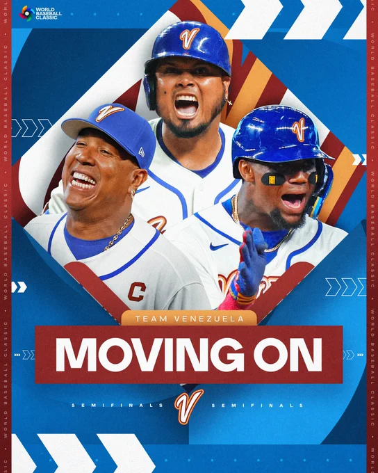 MOVING ON: Team Venezuela
Pictured: Luis Arraez, Salvador Perez and Ronald Acuña Jr. in various action poses. They wear home white Team Venezuela uniforms with red, yellow and white lettering.