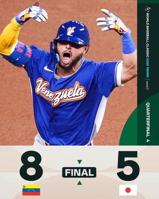 World Baseball Classic 2026 - Miami
Presented by Capital One
Final Score
Team Venezuela 8, Team Japan 5
Pictured: Wilyer Abreu celebrates as he rounds the bases after hitting a 3-run home run. He wears a blue Team Venezuela jersey with a blue batting helmet.