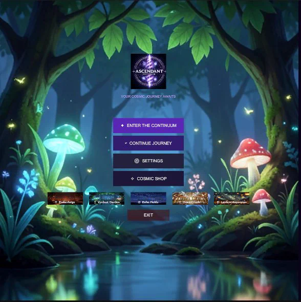 Main menu screen for "Ascendant Continuum" video game. A mystical twilight forest scene with an arched canopy of glowing leaves frames the view. Large luminescent mushrooms in cyan and coral pink dominate the foreground, surrounded by delicate blue wildflowers. Small glowing particles float through the air. The forest floor reflects in still water at the bottom.

Centered at top: circular purple logo with intricate mandala patterns, "ASCENDANT" text above, subtitle "YOUR COSMIC JOURNEY AWAITS" below.

Five translucent purple menu buttons stacked vertically:
• ENTER THE CONTINUUM
• CONTINUE JOURNEY  
• SETTINGS (gear icon)
• COSMIC SHOP
• EXIT

Bottom: Five realm preview thumbnails labeled Emberforge, Verdant Garden, Echo Fields, Dawn Citadel, and Lantern Ascension.

Overall aesthetic: dreamy, meditative, rich purples and teals with warm accent lighting.