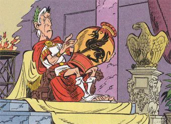Das Bild zeigt eine Szene aus einem Asterix-Comic. Julius Cäsar sitzt auf einem Thron und betrachtet eine kunstvoll verzierte Vase mit einem schwarzen Tiermotiv. Sein Gesichtsausdruck wirkt skeptisch. Er trägt eine rote Toga mit goldenen Verzierungen, eine Lorbeerkrone und hat einen ernsten, konzentrierten Blick.

Im Hintergrund stehen eine große Adlerstatue auf einem Sockel und eine brennende Feuerschale, was die majestätische, kaiserliche Atmosphäre unterstreicht. Die Szene spielt in seinem Palast, erkennbar an den edlen Säulen, Vorhängen und der erhöhten Plattform, auf der der Thron steht.
