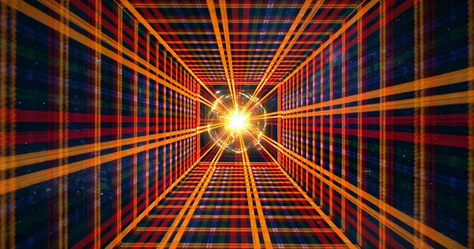 An abstract hyperspace warp image inspired by the comedic "going plaid" effect from the 1980s cult film "Spaceballs".