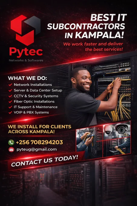 Professional IT engineers from Pytec installing networking equipment and providing software and technology solutions in Uganda. Pytec specializes in IT subcontracting, network systems, CCTV security, and digital infrastructure.