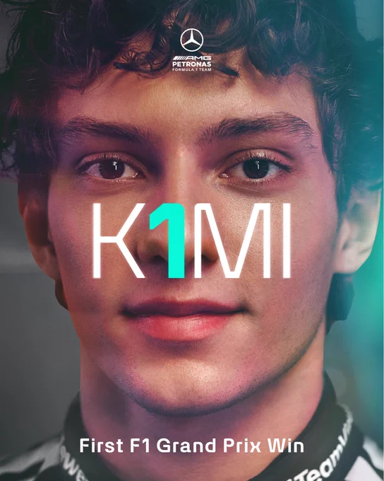 A graphic featuring a close-up of Kimi Antonelli's smiling face, along with the following information:

K1MI
First F1 Grand Prix win