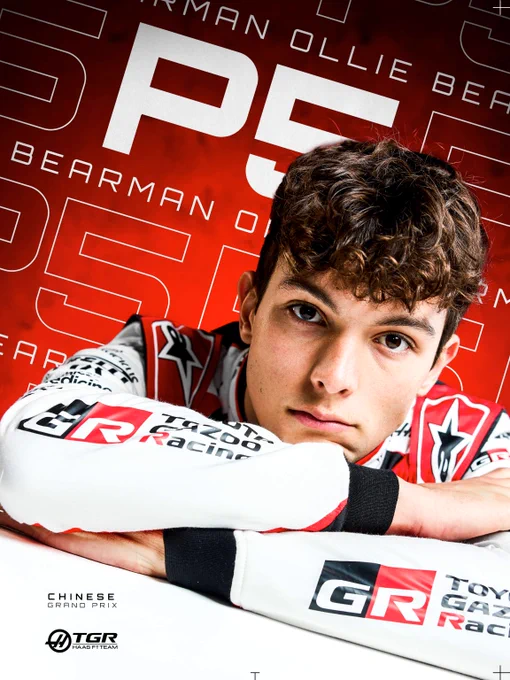 Ollie Bearman leaning on a P5 graphic