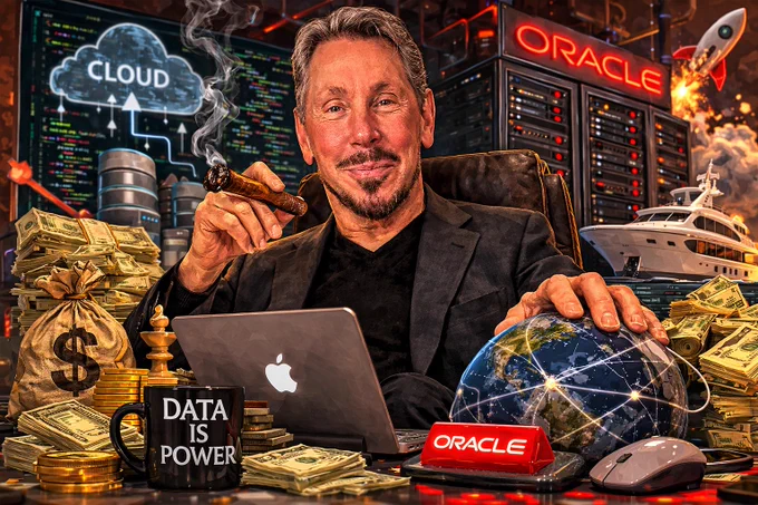 A highly stylized digital illustration of Larry Ellison, co-founder of Oracle, sitting confidently at a desk. He is smoking a cigar and resting his left hand on a glowing, connected globe. His desk is covered in stacks of hundred-dollar bills, gold coins, a money bag, a laptop, and a black mug that reads "DATA IS POWER". In the background, there is an "ORACLE" neon sign above server racks, a digital screen showing a "CLOUD" computing diagram, a luxury white yacht, and a rocket launching into the sky.