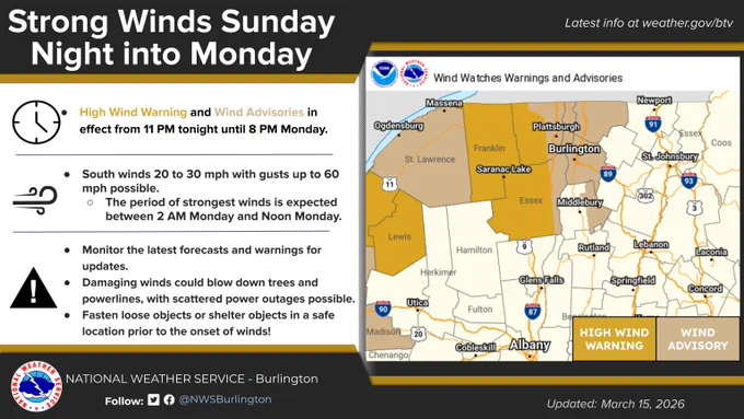 Infographic detailing the wind hazards and timing details for tonight into tomorrow.