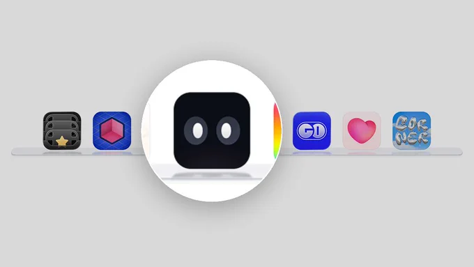 A central black app icon with eyes is flanked by colorful icons on a reflective shelf, showcasing various styles and designs.