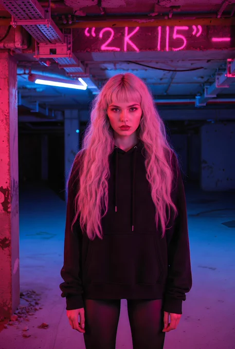 Cyberpunk girl with black and blue hair, glowing pink neon lights, standing in a dimly lit underground garage. Futuristic vibe, Blade Runner style.