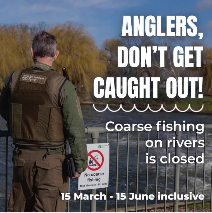 An Environment Agency fisheries officerstands next to a 'no coarse fishing' sign on railings overlooking a river on a sunny day. 

Text over the photo reads: Anglers, don't get caught out! Coarse fishing on rivers is closed 15 March to 15 June inclusive.