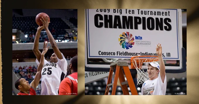 A basketball player from Purdue, wearing jersey number 25, jumps to shoot the ball as an opponent tries to block. To the right, an individual stands on a ladder holding up a segment of the net beneath a "2009 Big Ten Tournament Champions" sign at Conseco Fieldhouse, Indianapolis, IN.