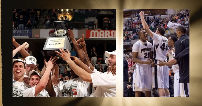 The image shows a basketball celebration. On the left, a group of players, dressed in white uniforms and caps, lift a trophy that reads "Big Ten Tournament Champions." On the right, a close-up of Purdue players in uniform, celebrating on the court surrounded by cheering fans.