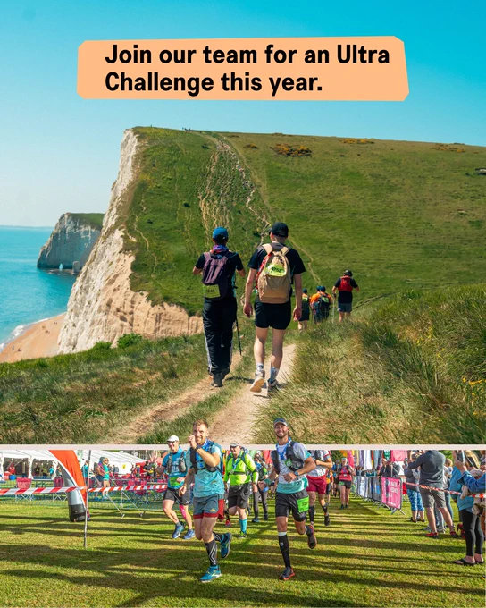 A scenic image promoting an ultra challenge event. The top half shows a group of people hiking along a grassy cliffside with an ocean view. The bottom half shows participants running at an organized event with tents and flags. Text at the top reads, 'Join our team for an Ultra Challenge this year.'