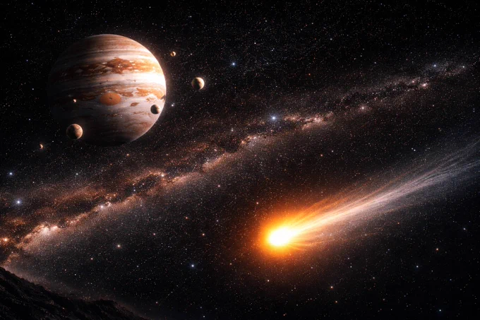 ☄️ 3I/ATLAS Jupiter Flyby — Cosmic Close Encounter

A blazing interstellar traveler sweeps across the outer Solar System.

On March 16, 2026, comet 3I/ATLAS makes its closest approach to Jupiter, passing roughly ~53 million km below the giant planet. From this perspective, the comet streaks right → left, racing through space while Jupiter and its moons continue their orbital dance far above the comet’s trajectory.

Despite Jupiter’s immense gravity, current observations show only minimal deflection in the comet’s path. The trajectory remains remarkably stable — suggesting the object will escape the giant planet’s gravitational influence and continue its journey toward the outer Solar System.

Somewhere beyond Saturn’s orbit, the comet may eventually:

• drift into the Oort Cloud,
• or continue its interstellar voyage, leaving the Sun’s domain forever.

A brief encounter — in cosmic terms — but a powerful reminder of how dynamic our Solar System truly is.

spacetracker.space

#Comet #3I
