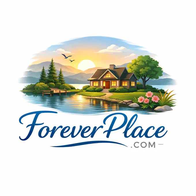 Illustration-style logo for ForeverPlace.com featuring a peaceful lakeside home at sunset surrounded by trees and mountains, symbolizing a permanent home and sense of belonging. The design includes warm glowing house lights, calm water reflections, and elegant script typography reading “ForeverPlace.com,” representing a brand ideal for real estate, retirement communities, memorial platforms, or lifestyle destinations built around the idea of a forever home.
