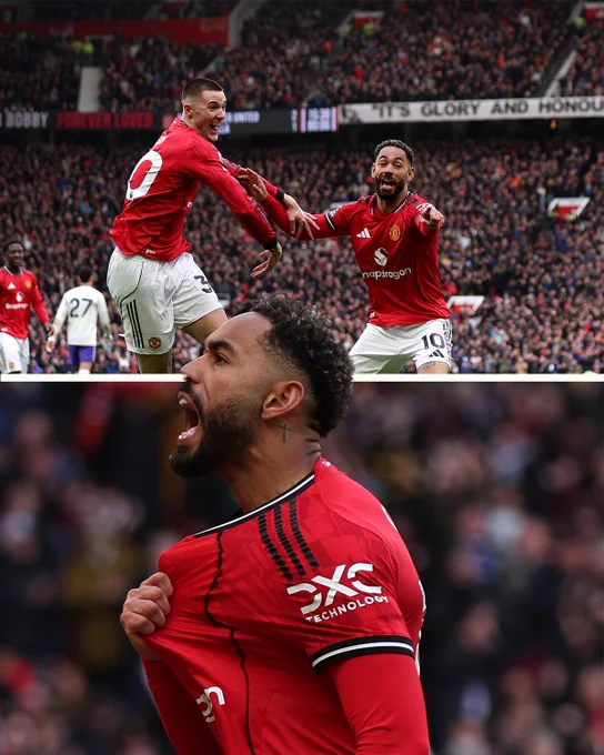 A split image of Benjamin Šeško and Matheus Cunha celebrating their goals against Aston Villa.