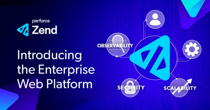 The Perforce Zend logo and the blog title, \u201CIntroducing the Enterprise Web Platform.\u201D To the left is an image of a hexagonal infographic with icons and text for observability, security, scalability, and other concepts.