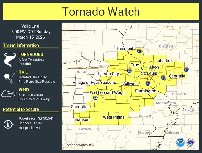 This graphic displays Tornado Watch watch number 52 plotted on a map. The watch is in effect until 8:00 PM CDT. The watch includes parts of Illinois and Missouri. The threats associated with this watch are a few tornadoes possible, isolated hail up to ping pong size possible and scattered gusts up to 75 mph likely. There are 3,850,541 people in the watch along with 1449 schools and 91 hospitals.