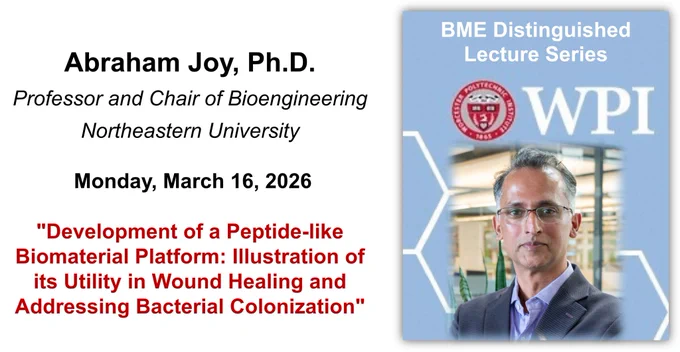 On the left-hand side of the image is speaker name, affiliations, and seminar information (including presentation title): 

Abraham Joy, Ph.D.
Professor and Chair of Bioengineering
Northeastern University
 Monday, March 16, 2026 
"Development of a Peptide-like Biomaterial Platform: Illustration of its Utility in Wound Healing and Addressing Bacterial Colonization"

On the right-hand side of the image is Dr. Joy’s headshot on top of a light blue background with “BME Distinguished Lecture Series” and the WPI seal. He is looking at the camera and there is a laboratory (slightly blurred). He has short salt and pepper gray hair. He is wearing glasses and a light blue collared shirt under a dark blazer. 
