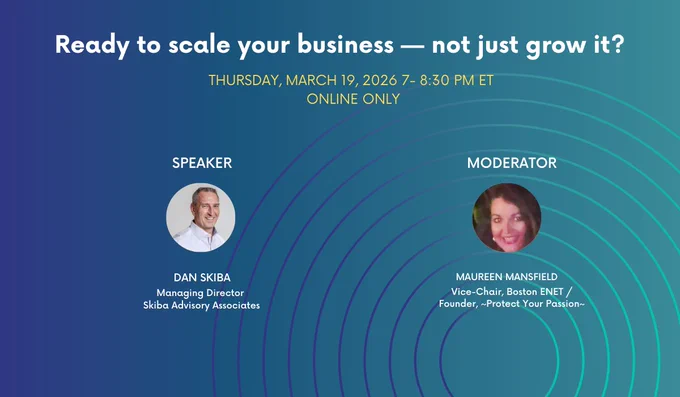 Join "Ready to Scale Your Business — not just grow it?" Mar 19 7p ET online!
Give your #startup pitch & get feedback @eMinutePITCH!
Join @BostonENET: 35 yrs of #startupevents since 1991.
#BostonENET: a #NPO#SIG @IEEEorg https://bostonenet.org/upcoming-startup-events/?utm_source=TwitterAlliances&utm_campaign=enet3506 #enet3506 #pitch3506 #startupevents