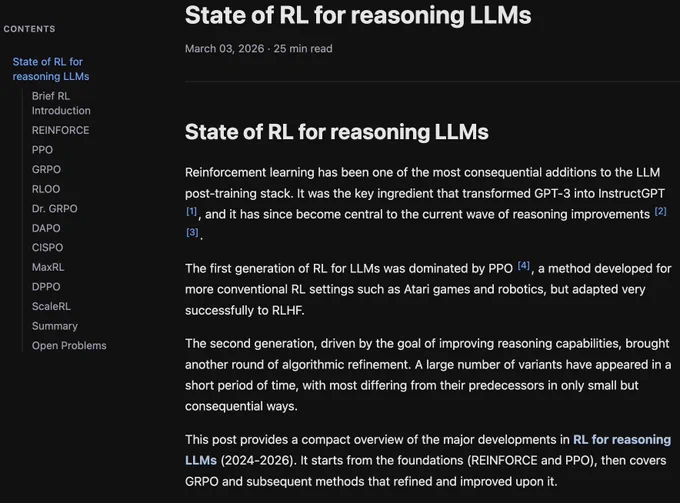 Blog post on the current state of reinforcement learning for reasoning LLMs