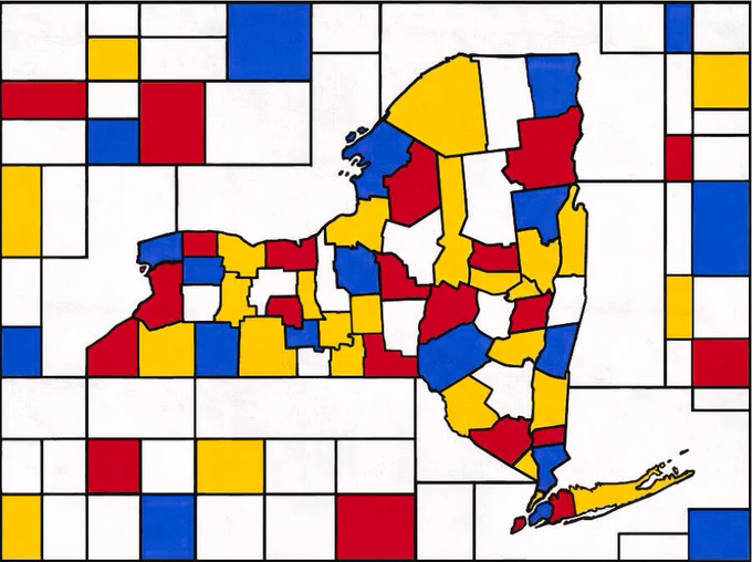 Map of New York in the style of Composition with Red, Blue and Yellow by Piet Mondrian